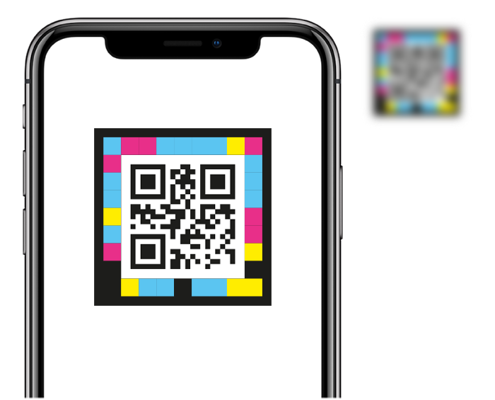 Schermo di uno smartphone che scansiona un Codice QR Accessibile NaviLens totalmente sfuocato