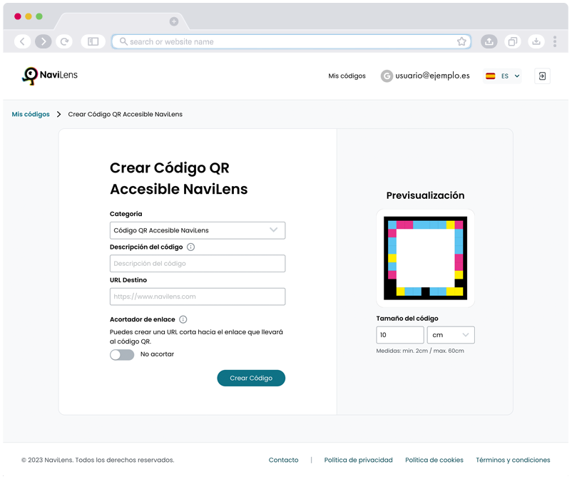 Interface del Panel de creación de códigos QR accesibles NaviLens