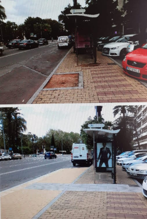 Antes y después de la adaptación de accesibilidad de una parada de AUCORSA en Córdoba