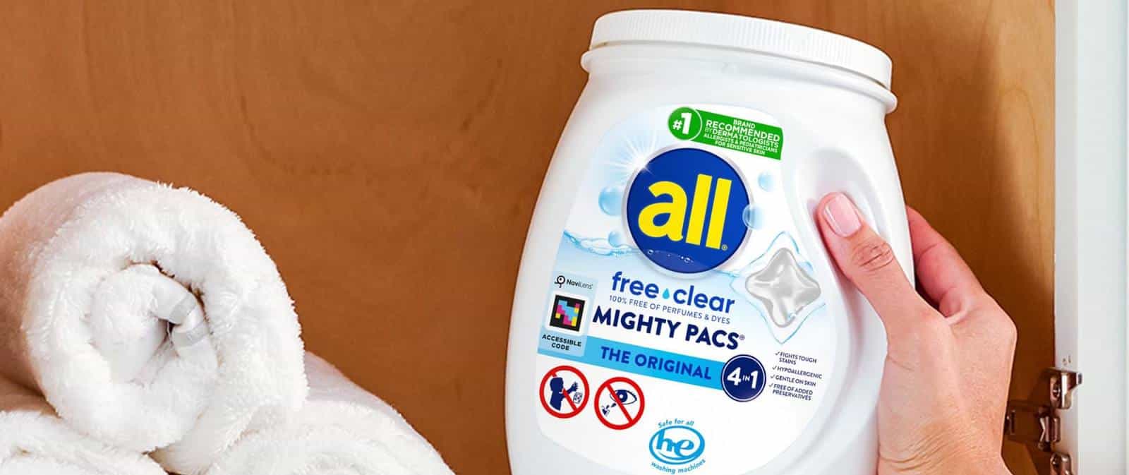 all® free clear MIGHTY PACS® tub and stand-up pouch with NaviLens code printed on pack.