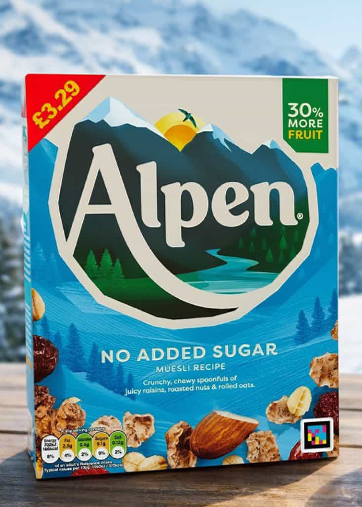 Envase de Alpen No Added Sugar Muesli con código NaviLens accesible