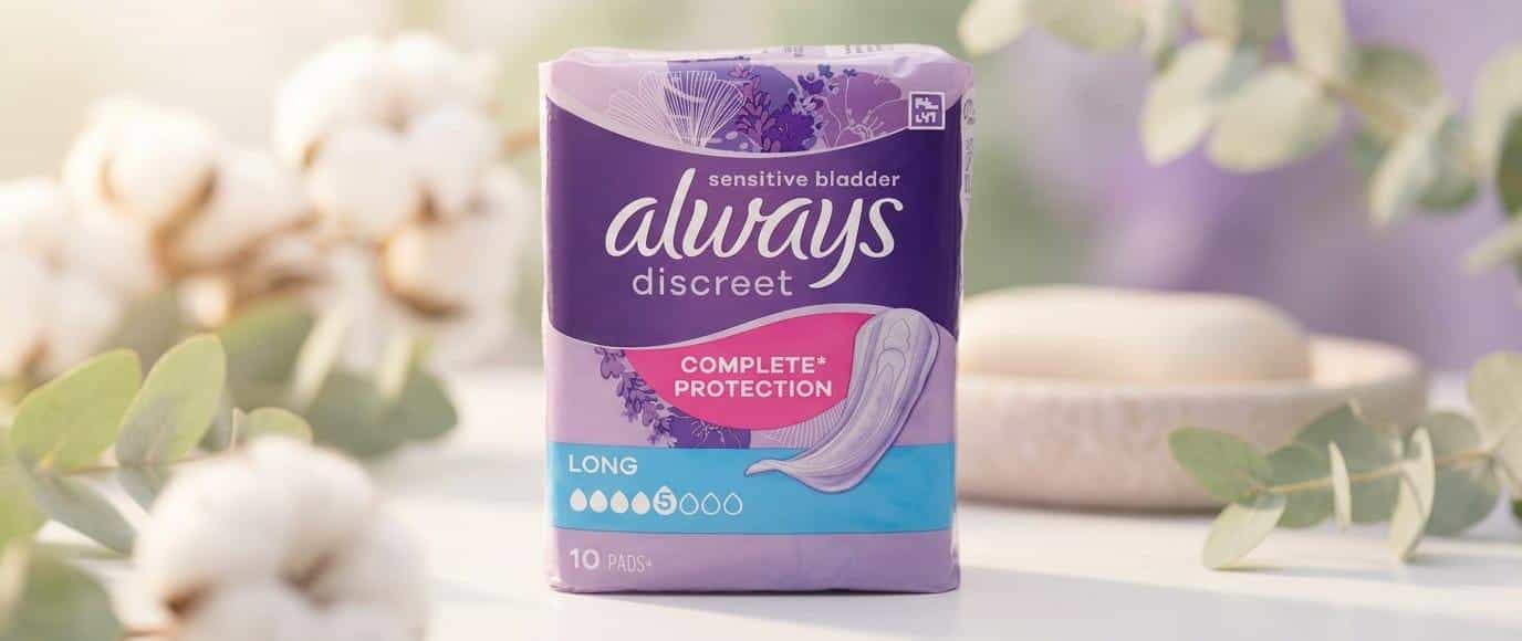 Always Discreet Sensitive Bladder Long pack on a supermarket shelf with a colourful NaviLens accessibility code printed on the front.