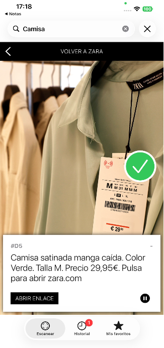 Captura de la app de Zara con la marca de verificación tras detectar la prenda: 'Camisa satinada manga caída, talla M, 29,95 €'.