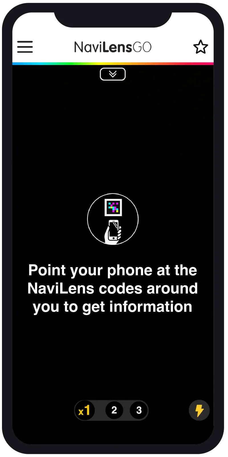 The NaviLens GO app screen: the camera open looking for codes, with the zoom levels and the flash at the bottom.