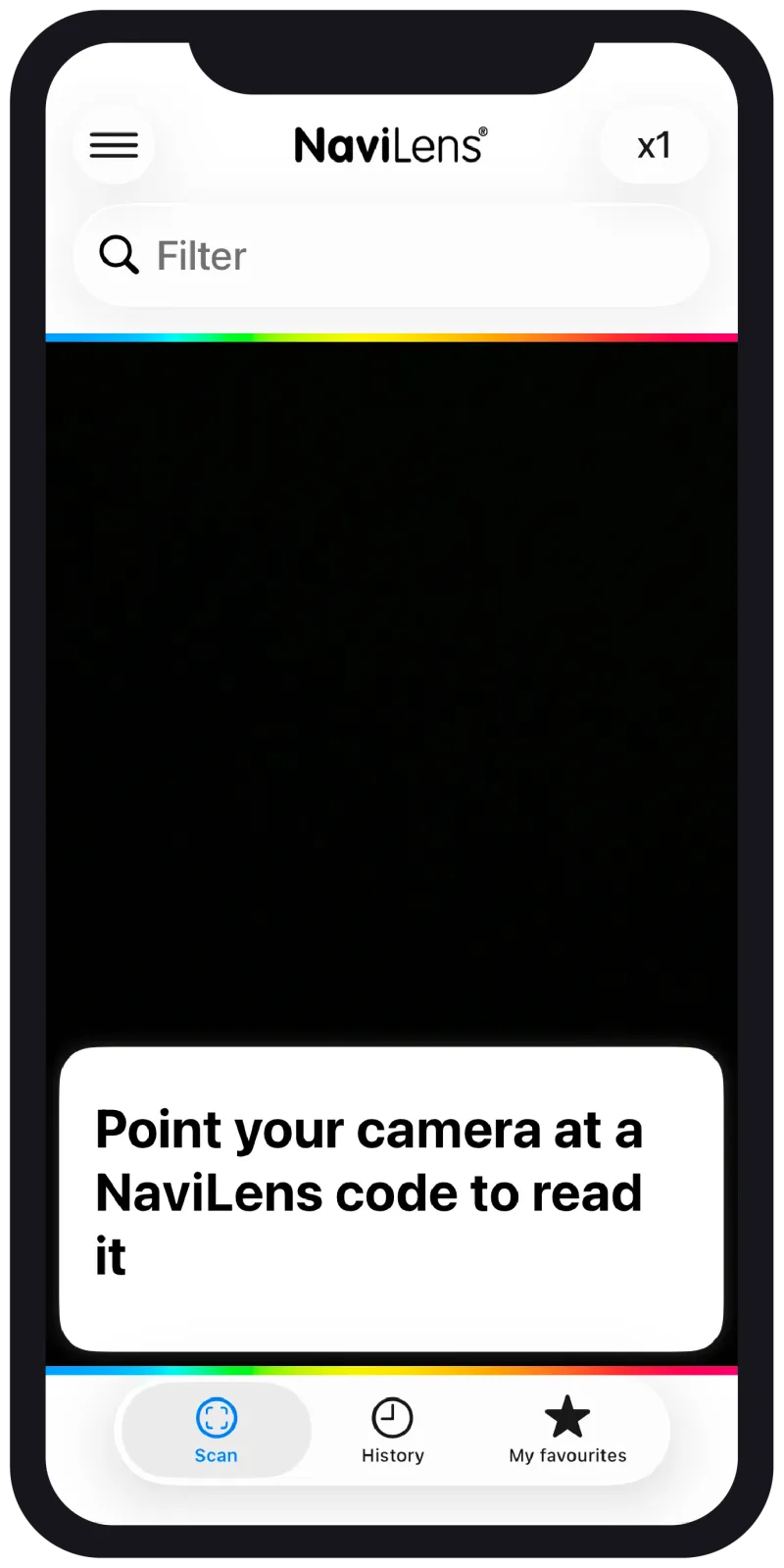 The NaviLens app screen: the camera open looking for a code, with the filter on top and the scan, history and favourites tabs at the bottom.
