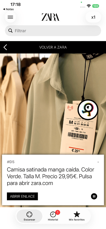Pantalla de la app NaviLens leyendo la información de una prenda Inditex