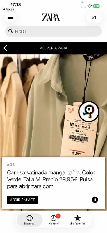 Schermata dell’app di Zara che mostra il cartellino ingrandito con il codice NaviLens segnalato come funzione di accessibilità.