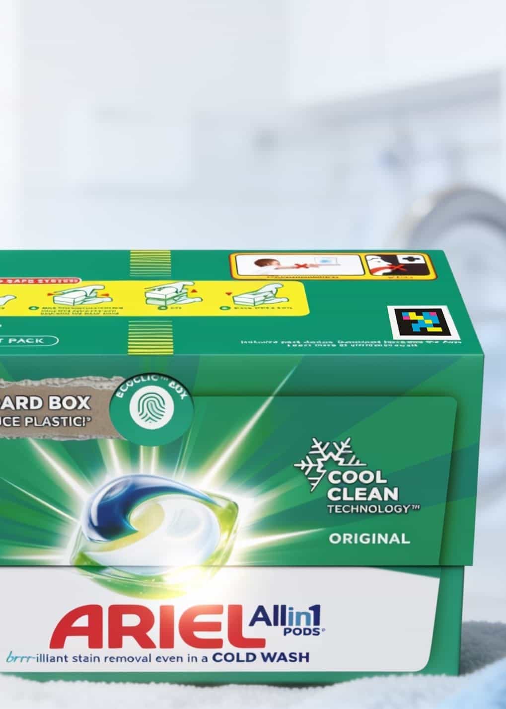 Ariel All-in-1 Pods · Ecoclic packaging with accessible NaviLens code