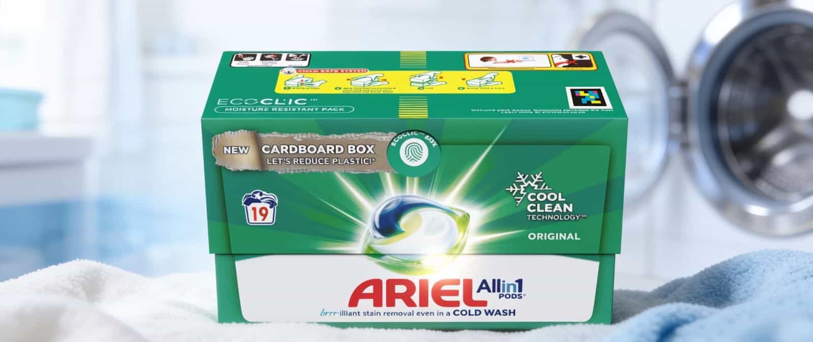 Ariel All-in-1 Pods® ECOCLIC® cardboard box with washing-machine tactile marker and NaviLens code.