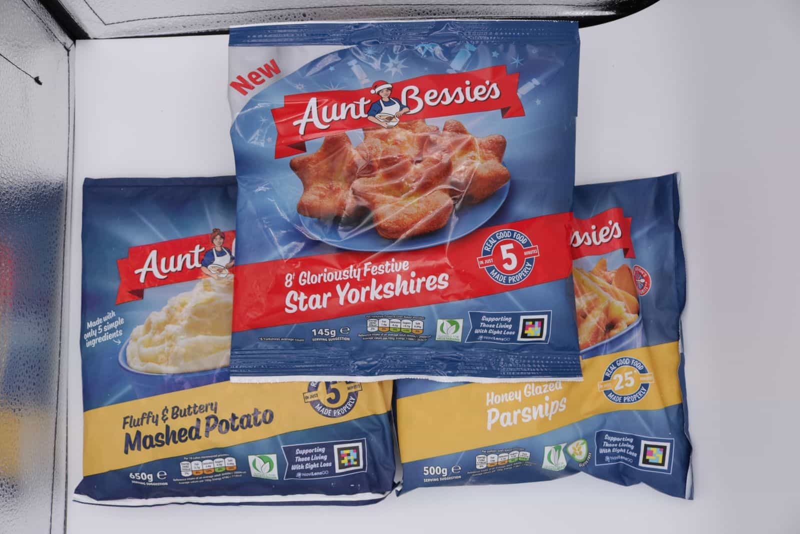 Aunt Bessie's Yorkshires · Mash · Parsnips packaging with accessible NaviLens code