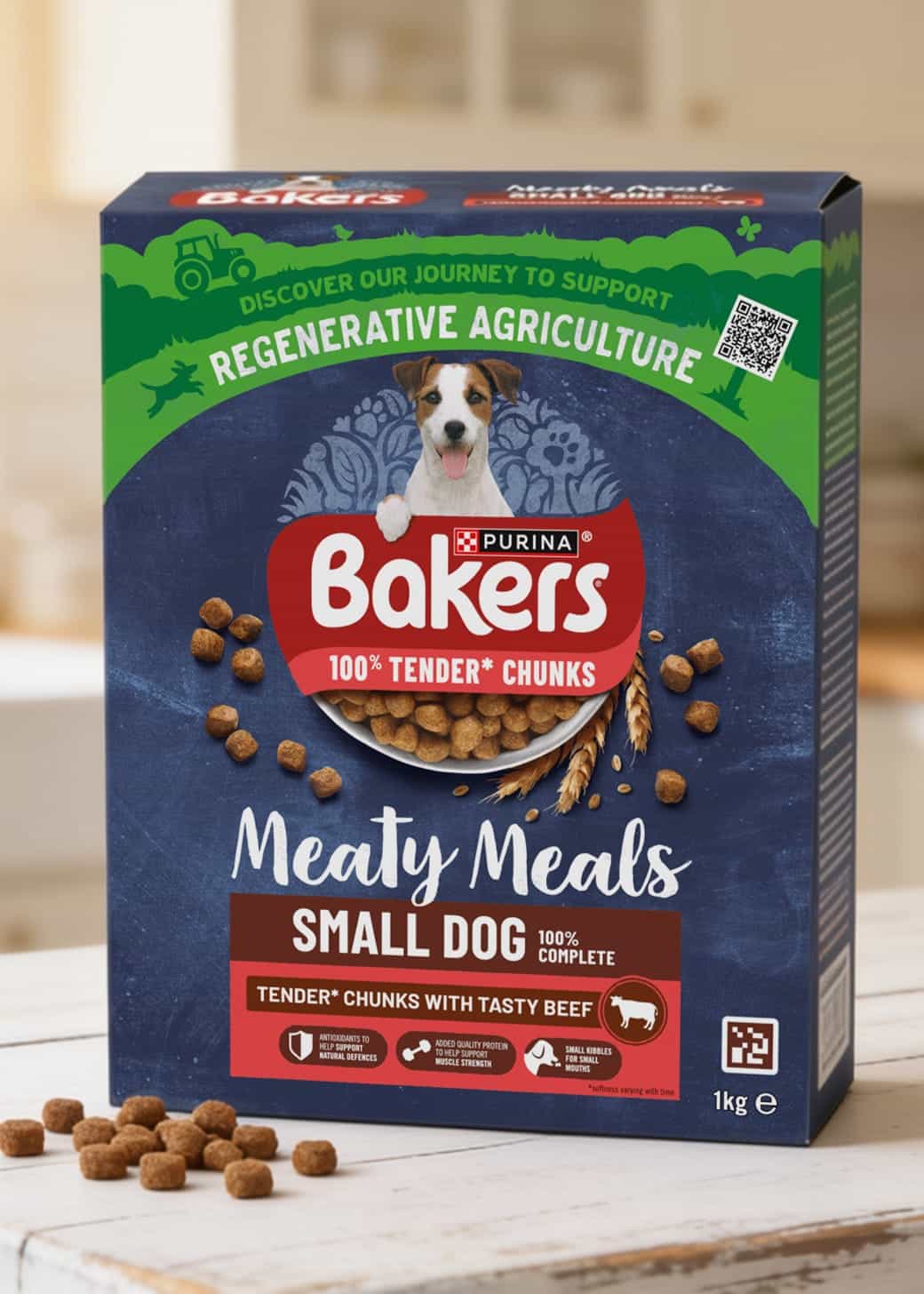 Envase de Bakers (Purina) Meaty Meals · Small Dog con código NaviLens accesible