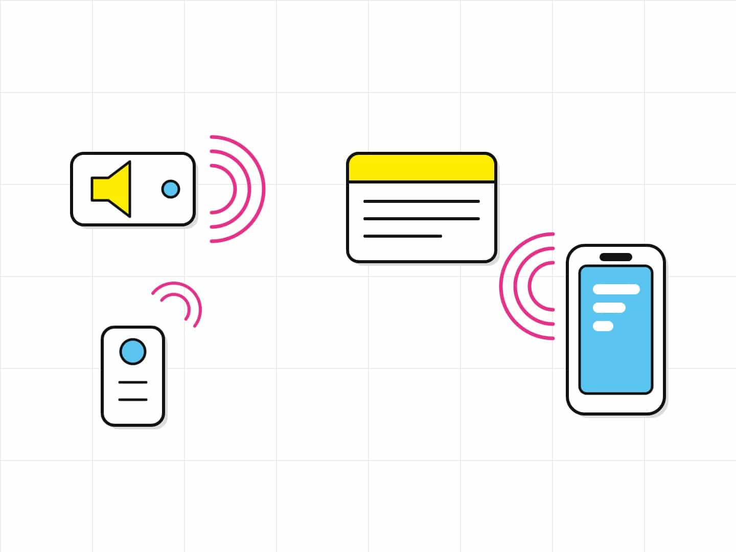 Illustration : à gauche, une balise sonore qui émet un signal et la télécommande normalisée qu’il faut porter sur soi ; à droite, un panneau d’information imprimé lu à distance par un smartphone