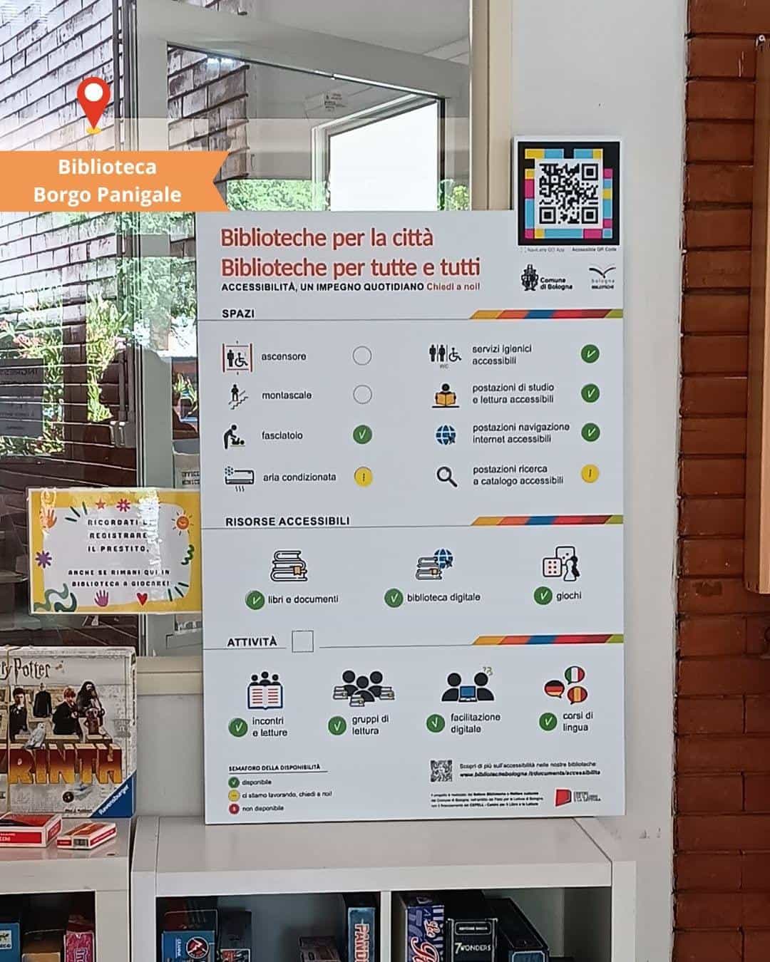 Biblioteche di Bologna — Biblioteca Borgo Panigale with accessibility panel and NaviLens NAQR code