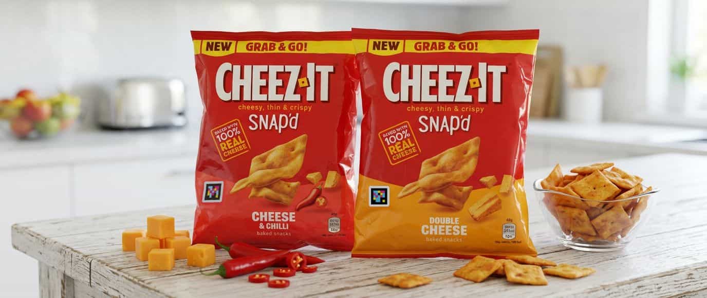 Cheez-It-Snap'd-Double-Cheese-Schachtel mit aufgedrucktem NaviLens-Code für blinde und sehbehinderte Kundinnen und Kunden.