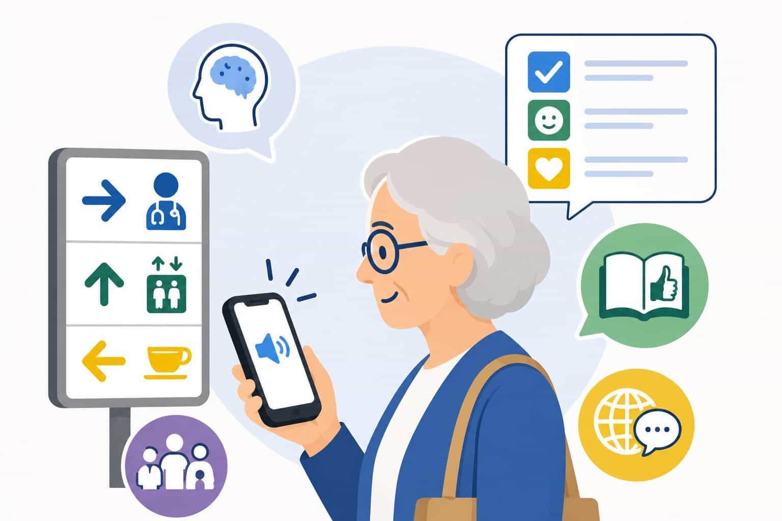 Older person using a smartphone to scan signage in a hospital