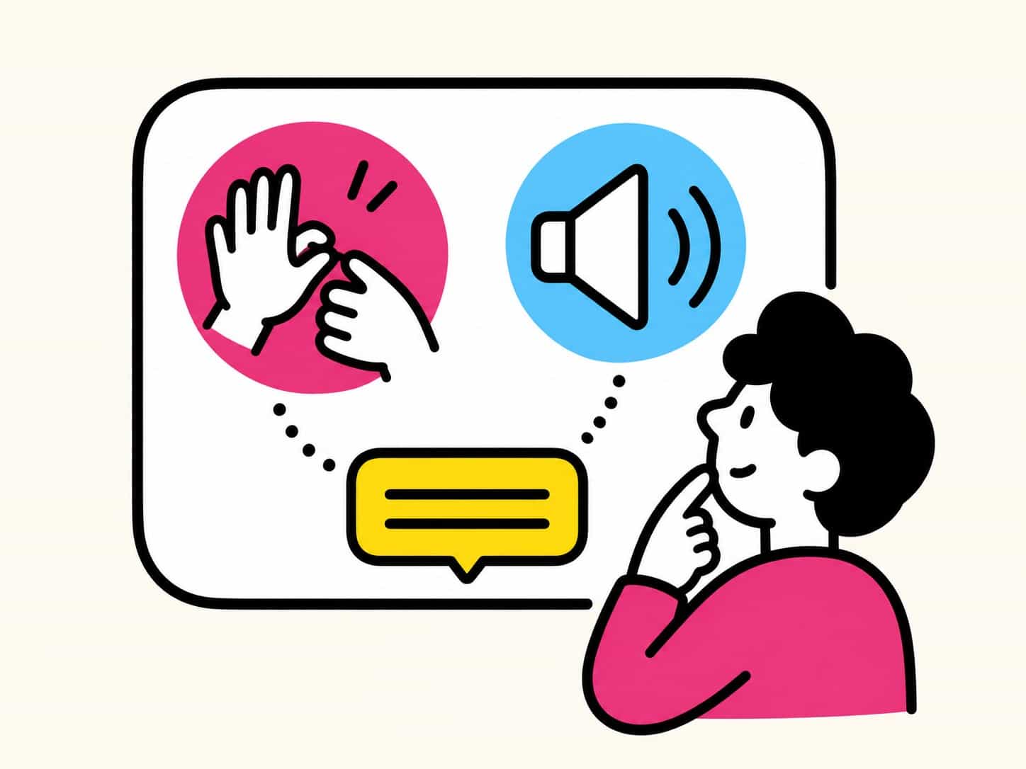 手話・字幕・音声波形のフラットアイコン