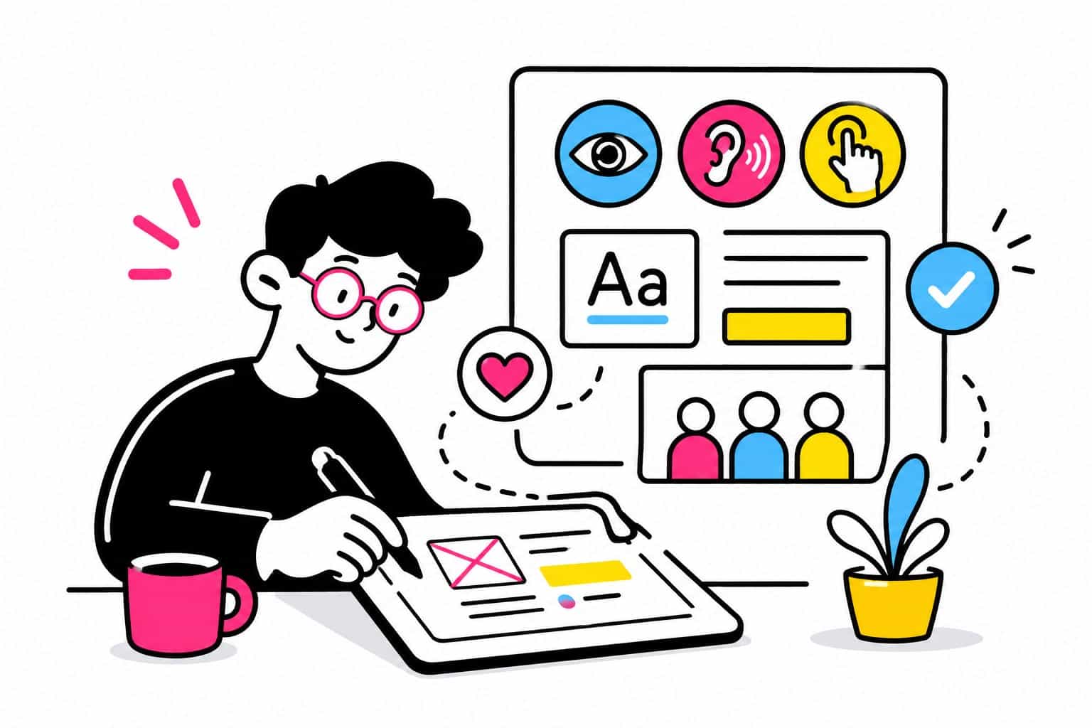 A designer's desk with wayfinding sketches, pictograms and colour swatches on beige paper