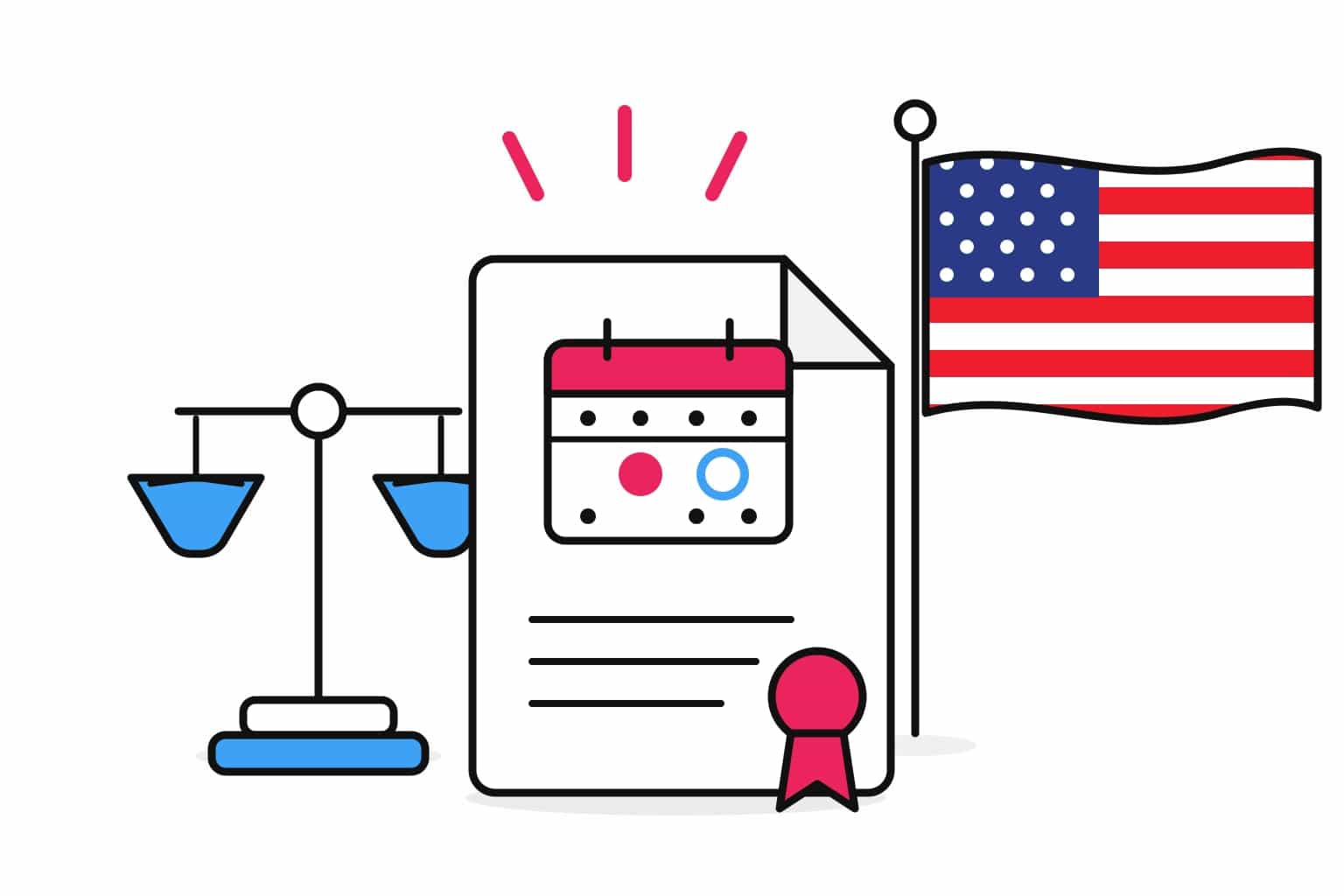 Flat illustration: scales of justice, an official document showing a calendar with two dates marked, and a US flag
