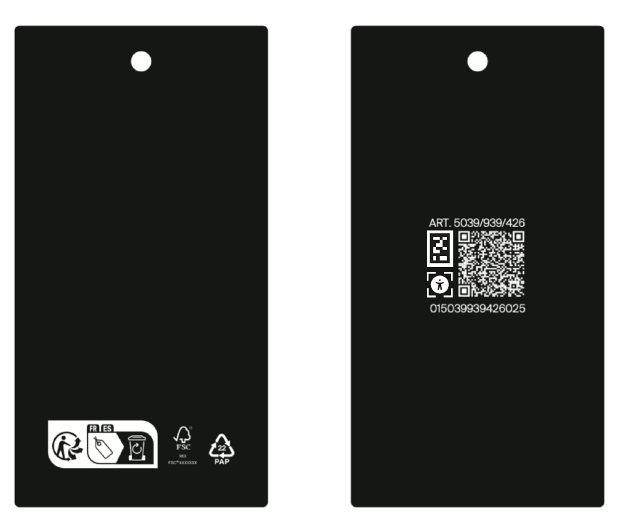 Etiqueta negra de Massimo Dutti con código de artículo, QR de accesibilidad y código NaviLens