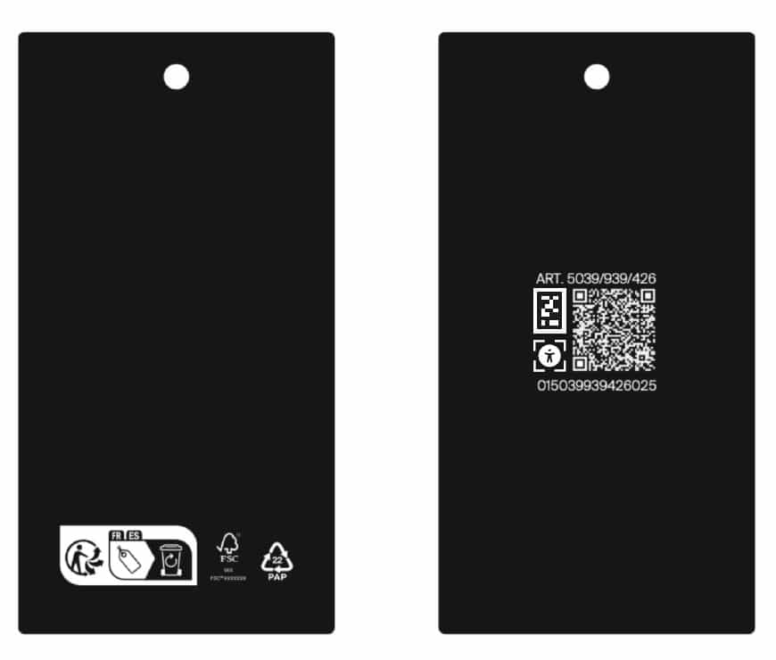 Etichetta nera di Massimo Dutti con codice articolo, QR di accessibilità e codice NaviLens