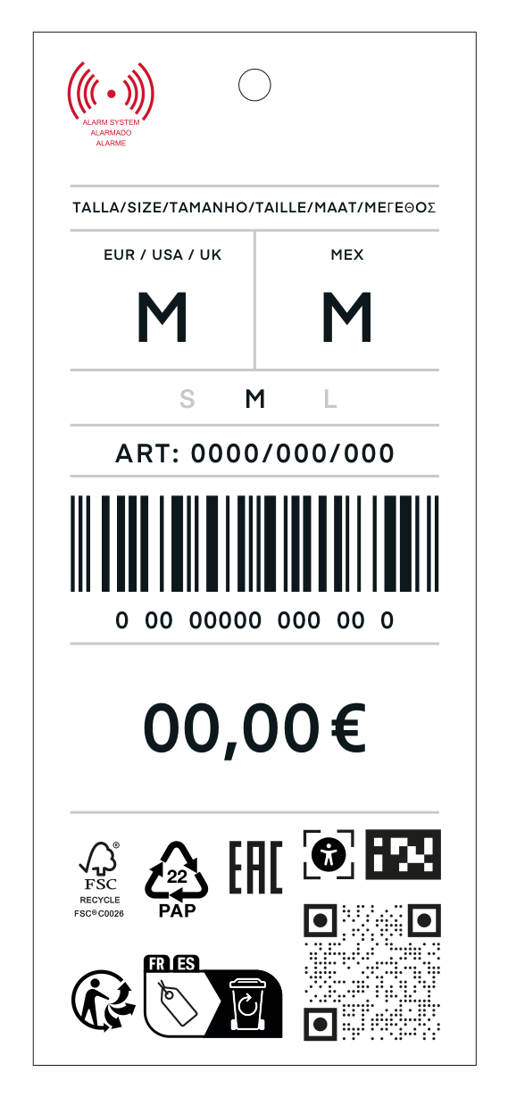 Etiqueta colgante de Oysho con tallas internacionales, precio, código de barras, QR de accesibilidad y código NaviLens