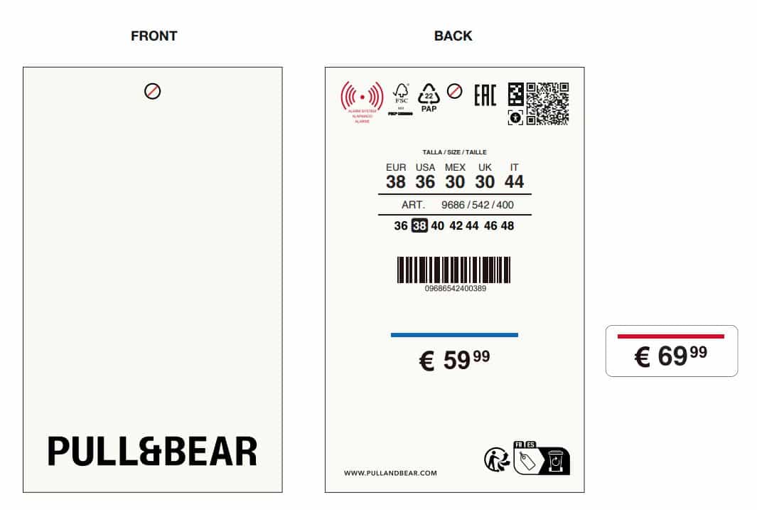 Etichetta pendente di Pull&Bear (fronte e retro) con codice NaviLens accanto al QR, prezzo, taglie e codice articolo