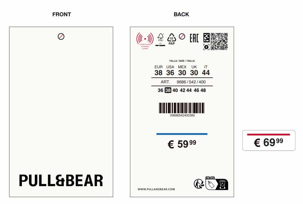Pull&Bear hang tag (front and back) with NaviLens code next to the QR, price, sizes and article number