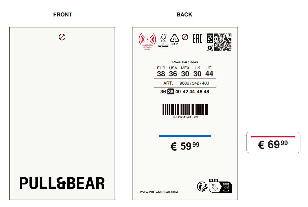 Etiqueta colgante de Pull&Bear (frente y dorso) con código NaviLens junto al QR, precio, tallas y código de artículo