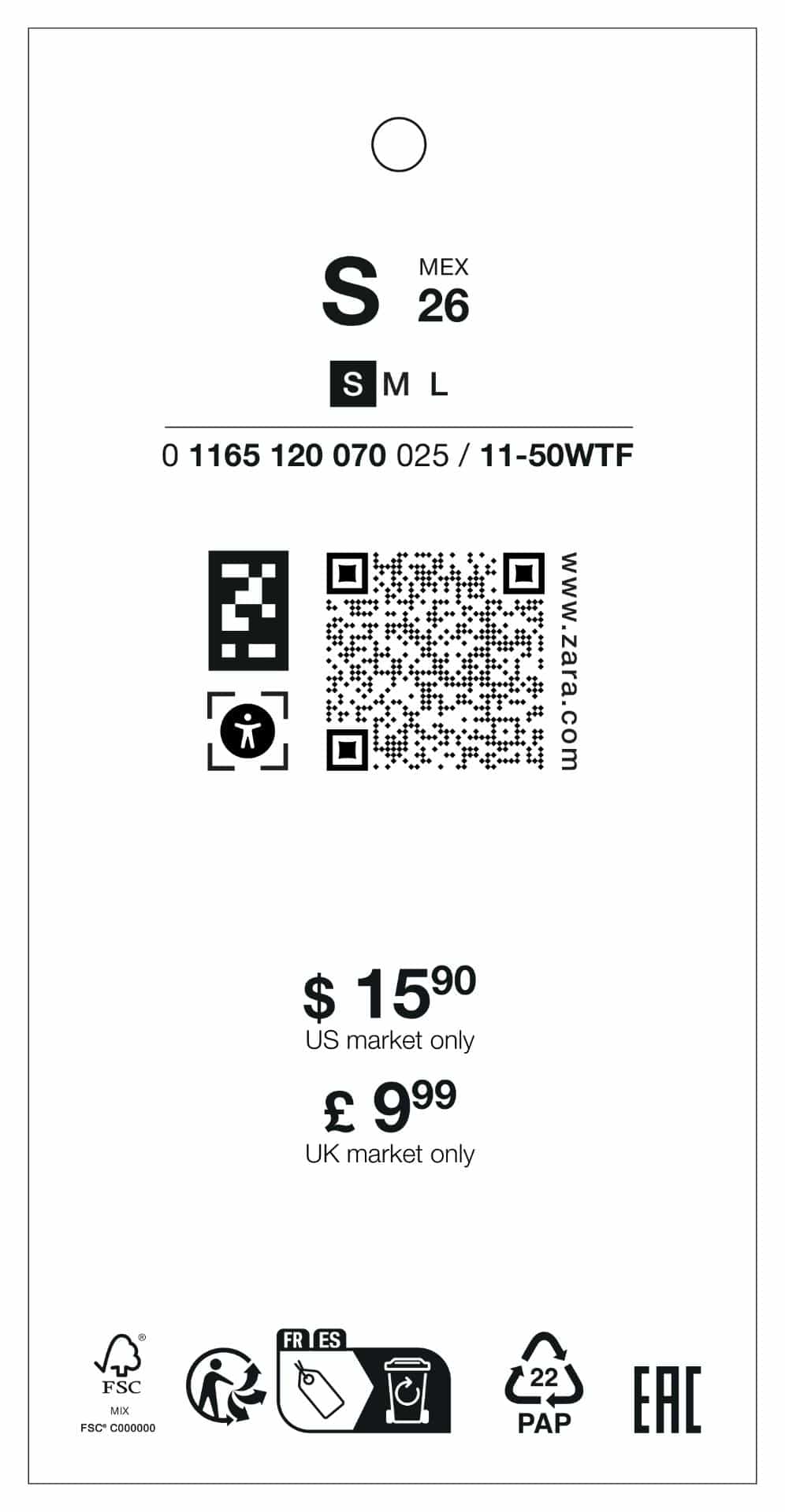 Zara hang tag with NaviLens code next to the accessibility QR, size, article number and legal pictograms