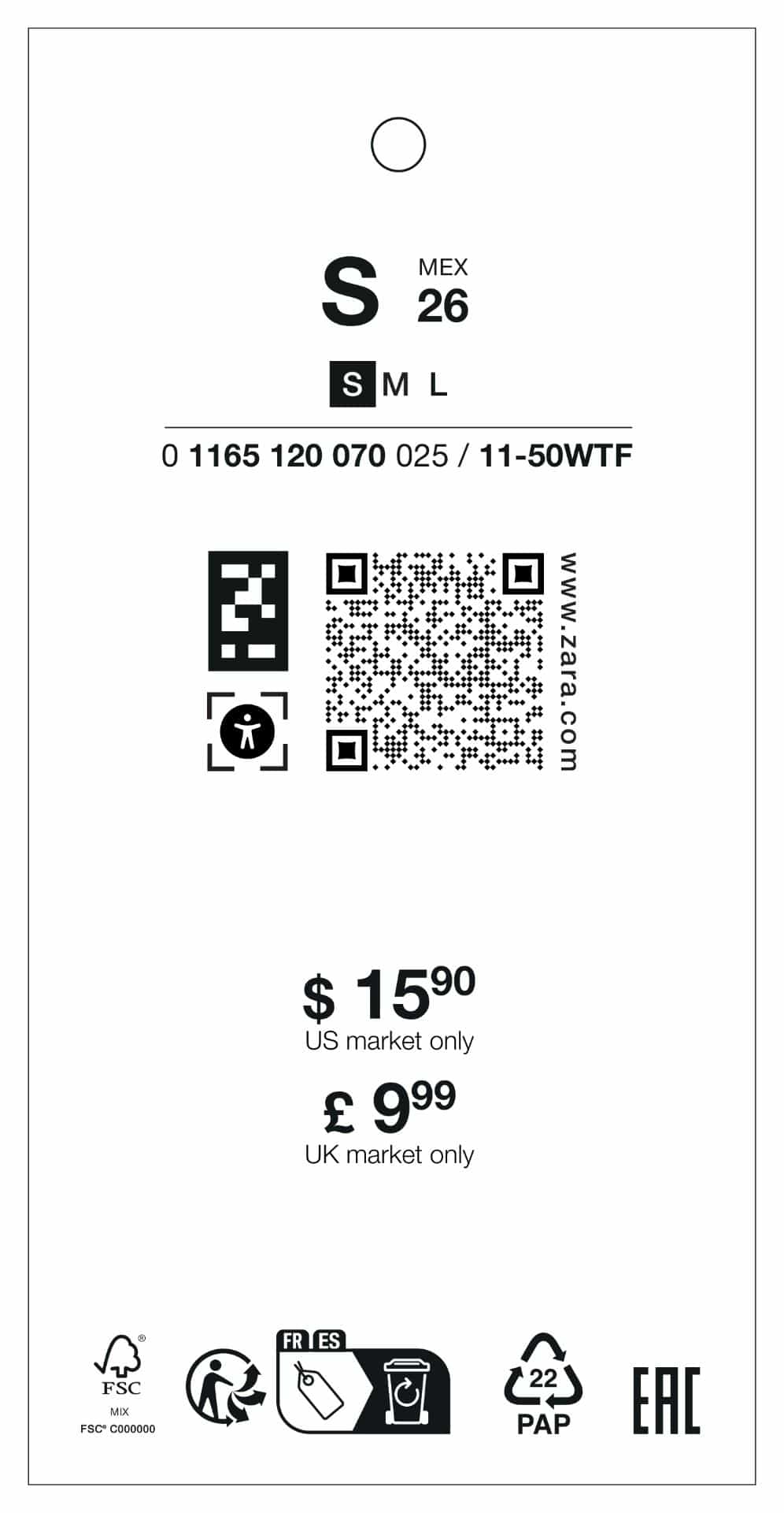 Etichetta pendente di Zara con codice NaviLens accanto al QR di accessibilità, taglia, codice articolo e pittogrammi legali