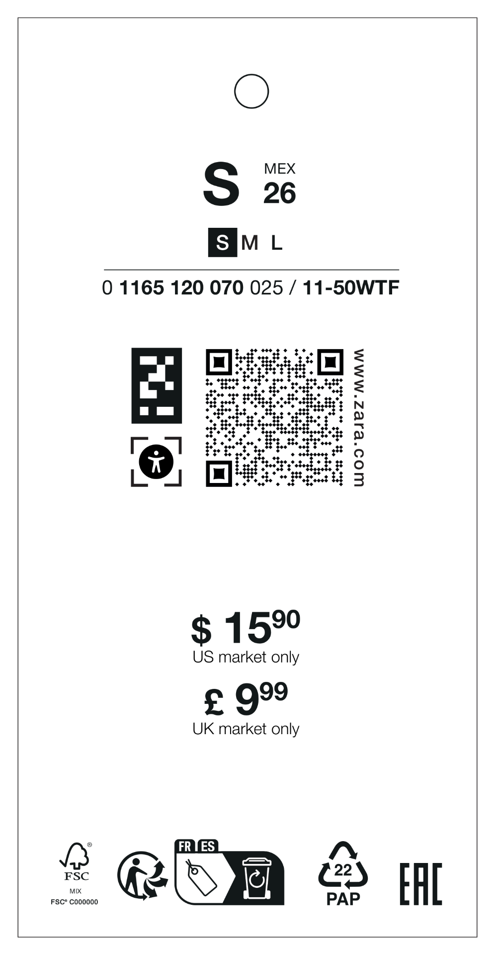Etiqueta colgante de Zara con código NaviLens junto al QR de accesibilidad, talla, código de artículo y pictogramas legales