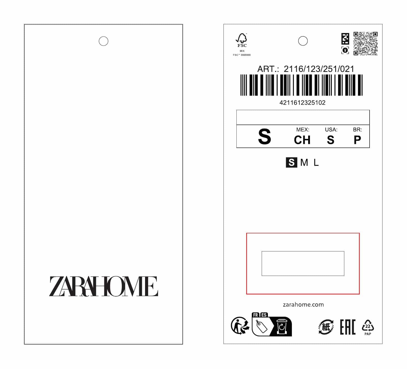 Etichetta pendente di Zara Home con codice NaviLens accanto al QR, taglie internazionali e pittogrammi di riciclo