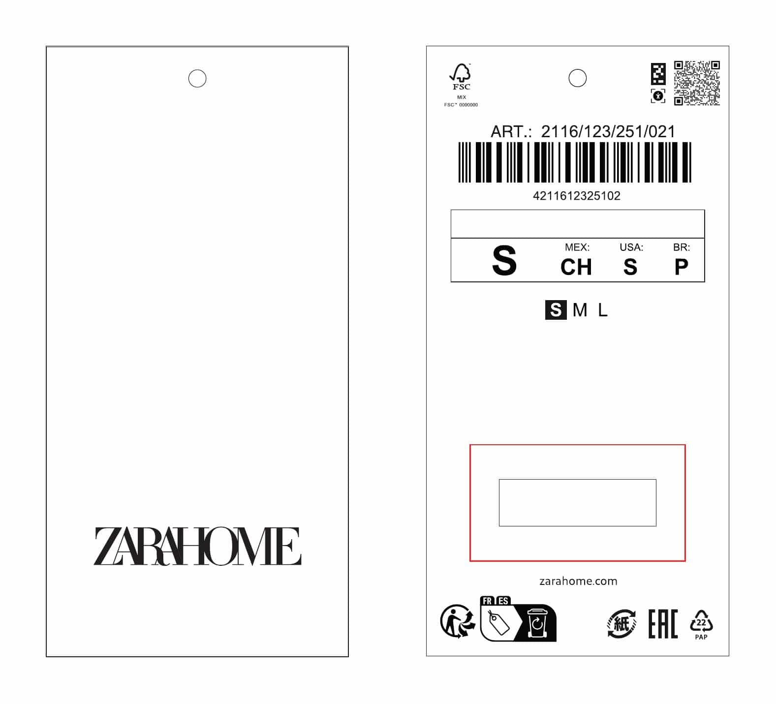 Zara Home hang tag with NaviLens code next to the QR, international sizes and recycling pictograms
