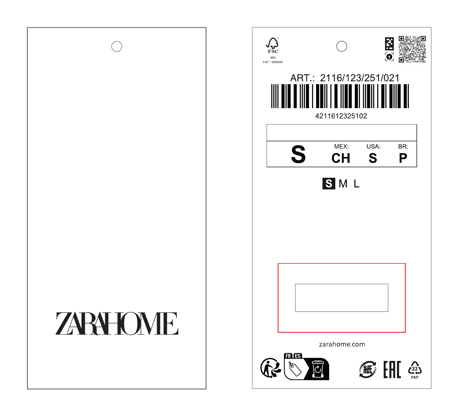 Etiqueta colgante de Zara Home con código NaviLens junto al QR, tallas internacionales y pictogramas de reciclaje
