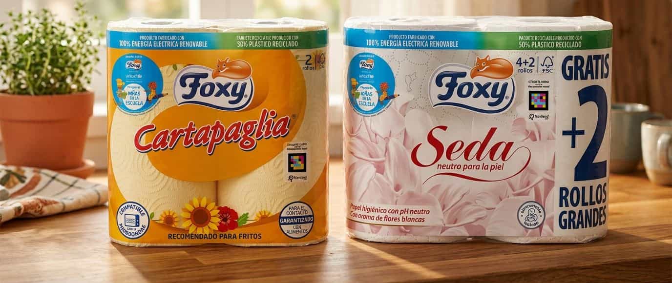Confezione di carta igienica Foxy Tornado Azul sullo scaffale del supermercato con il codice NaviLens stampato per persone cieche e ipovedenti.
