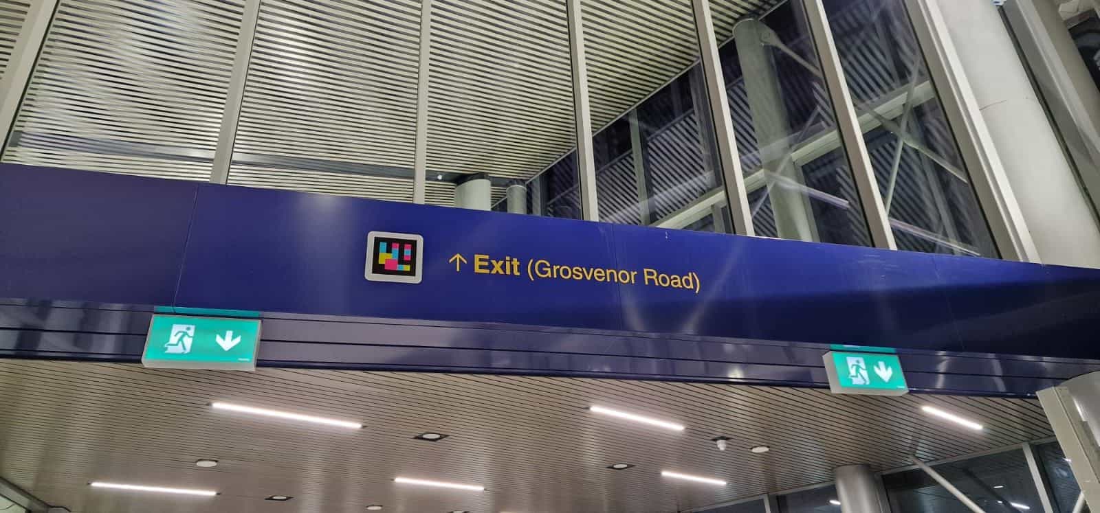 Belfast Grand Central — Exit · Grosvenor Road with NaviLens code