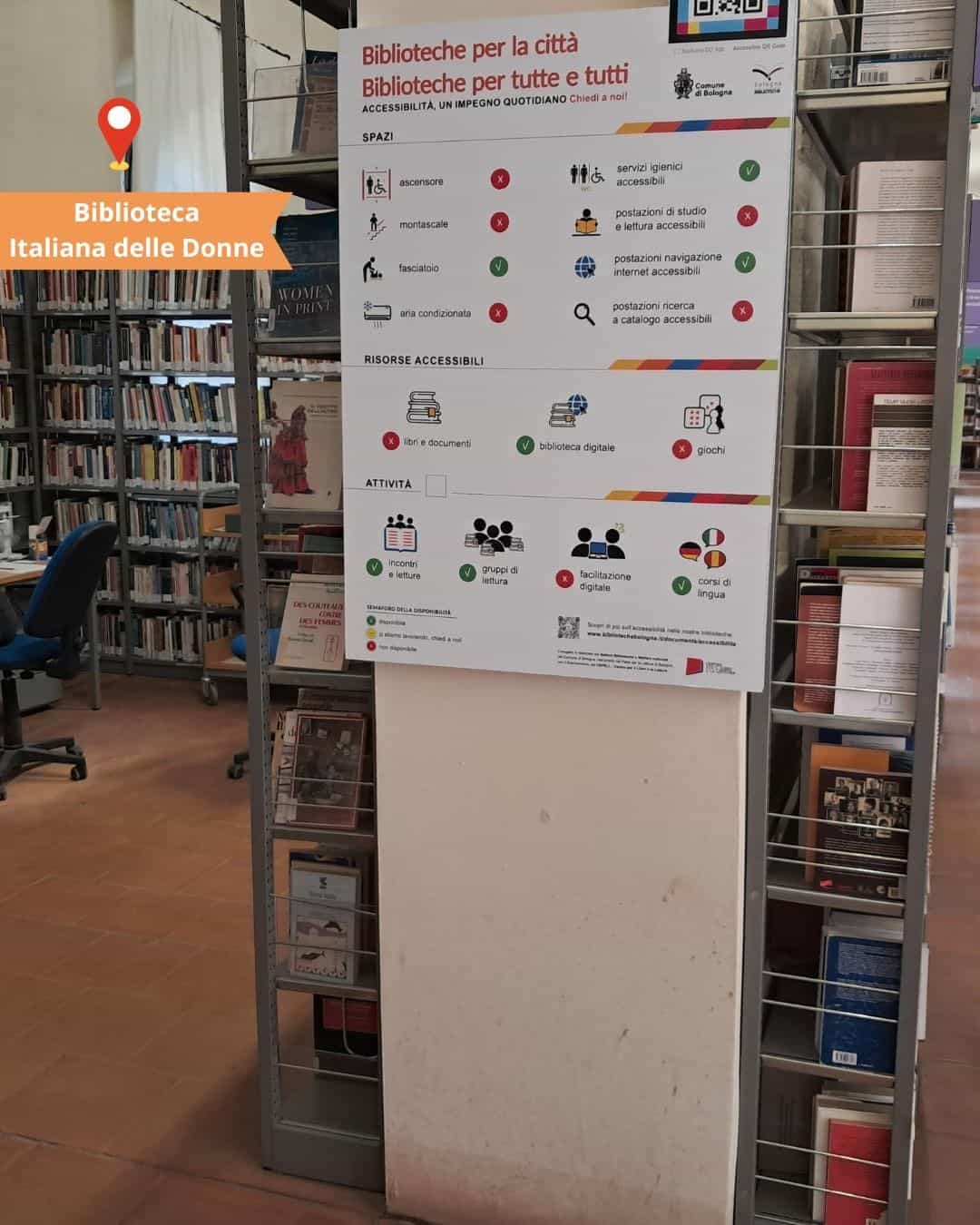 Biblioteche di Bologna — Biblioteca Italiana delle Donne con pannello di accessibilità e codice NaviLens NAQR