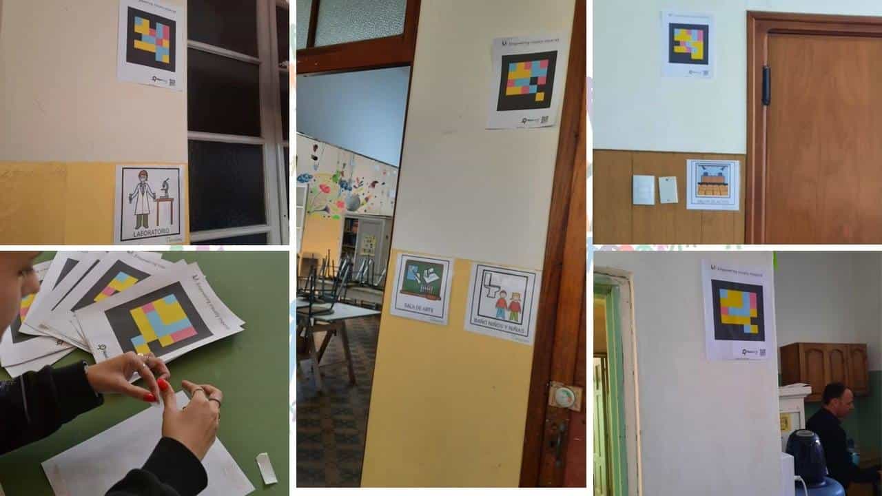 Mosaic of six doors at Santa Inés with NaviLens codes and ARASAAC pictograms: Laboratory, Art Room, Boys' and Girls' Restroom, Assembly Hall, code above the kitchen/dining area and the sheet-printing process