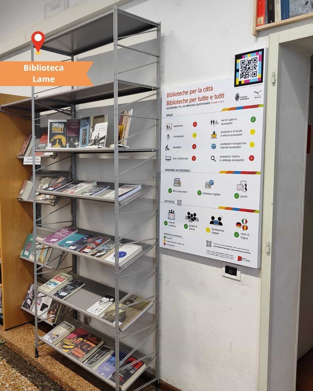 Biblioteche di Bologna — Biblioteca Lame con pannello di accessibilità e codice NaviLens NAQR