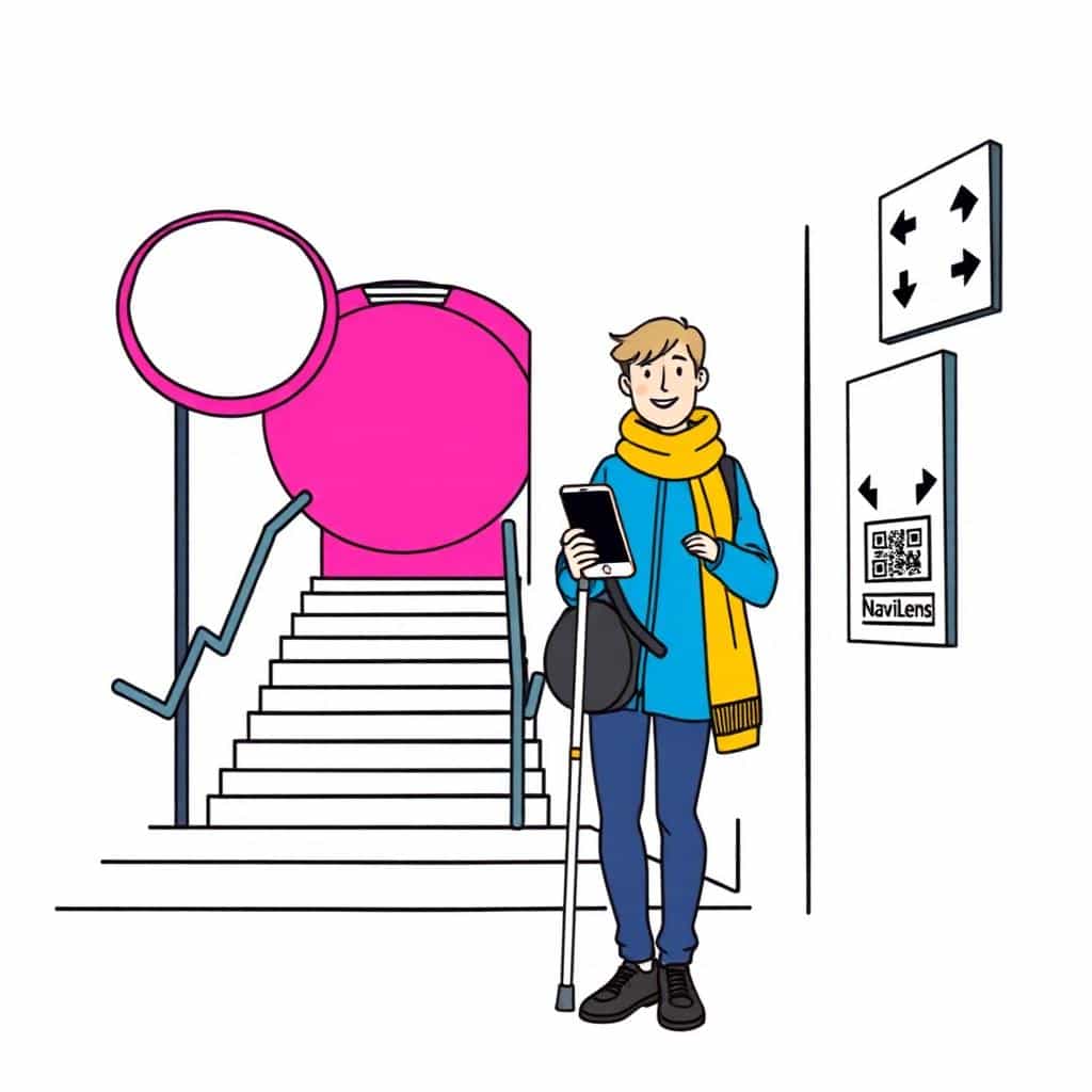 Metro platform with accessible signage and a NaviLens code visible on a column