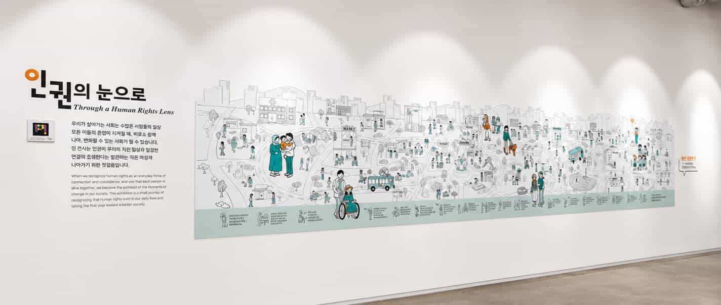 Illustrated “Through a Human Rights Lens” mural with everyday scenes of coexistence and a NaviLens code next to the introductory text