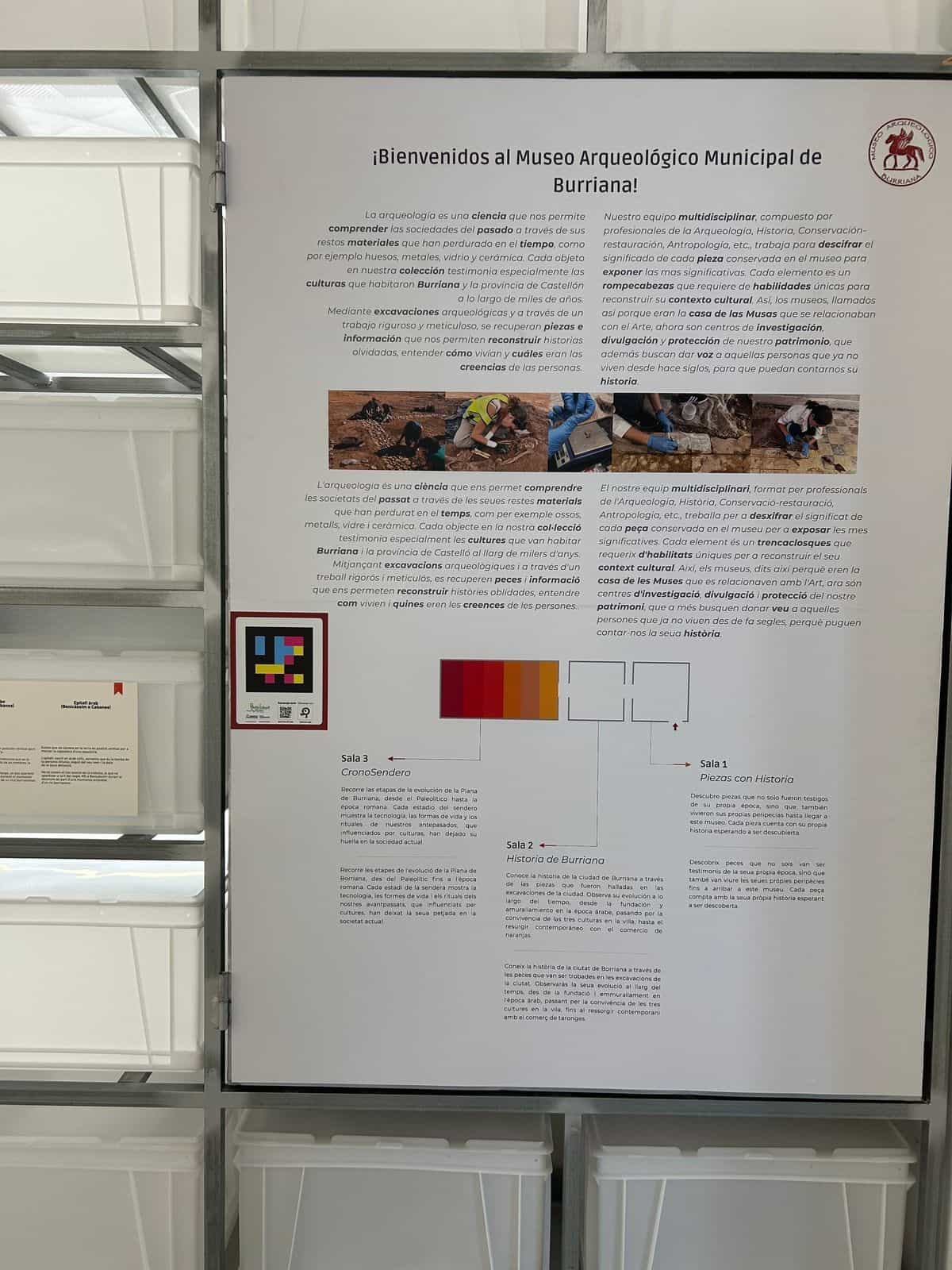 Welcome panel of the Municipal Archaeology Museum of Burriana with NaviLens code and gallery map