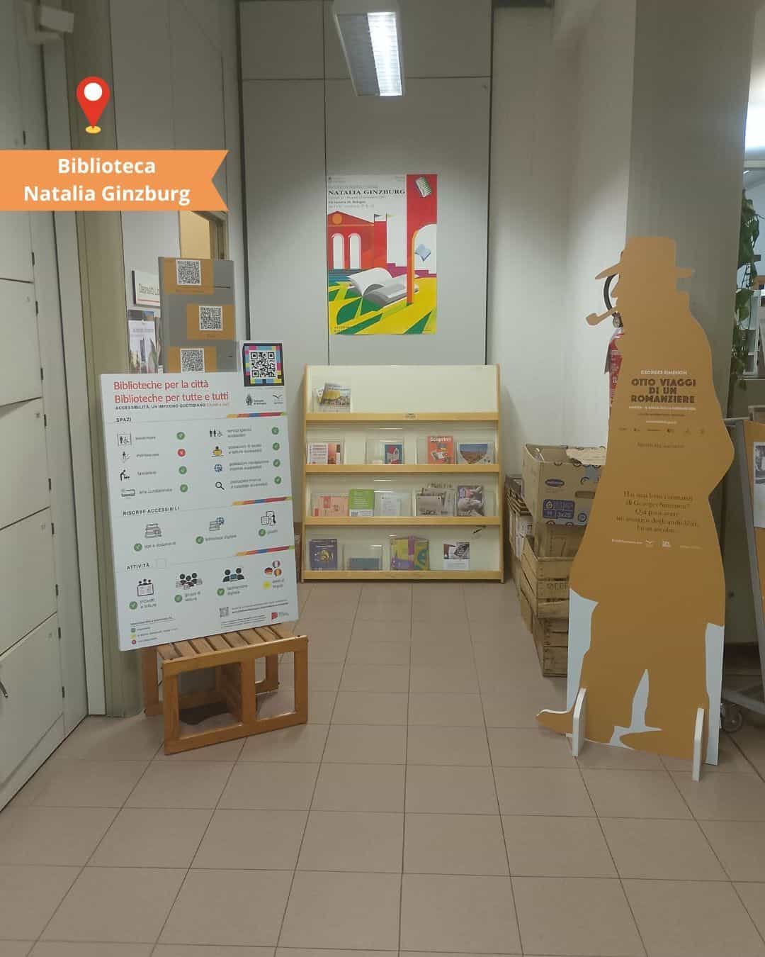Biblioteche di Bologna — Biblioteca Natalia Ginzburg con pannello di accessibilità e codice NaviLens NAQR