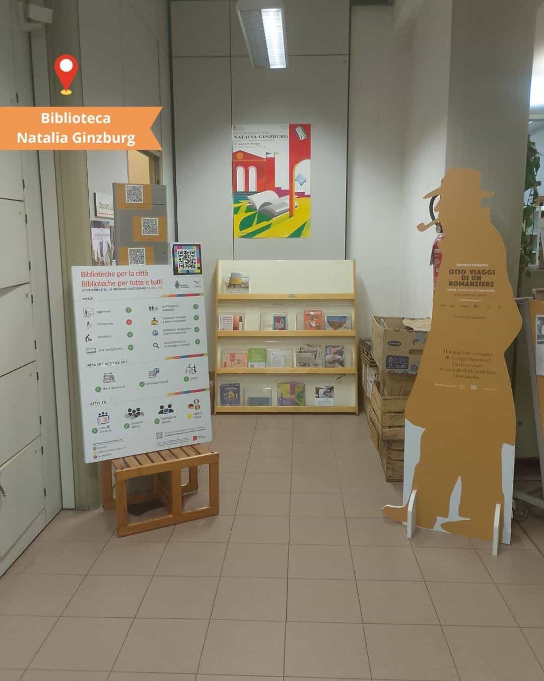 Biblioteche di Bologna — Biblioteca Natalia Ginzburg with accessibility panel and NaviLens NAQR code