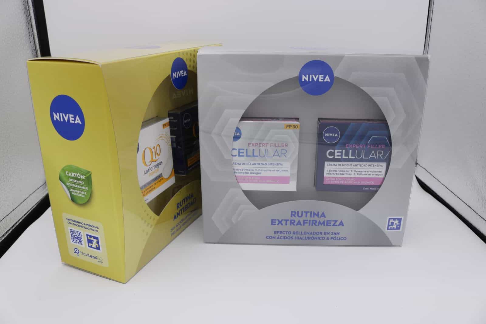 NIVEA anti-age skincare routine set with accessible packaging showing NaviLens codes.