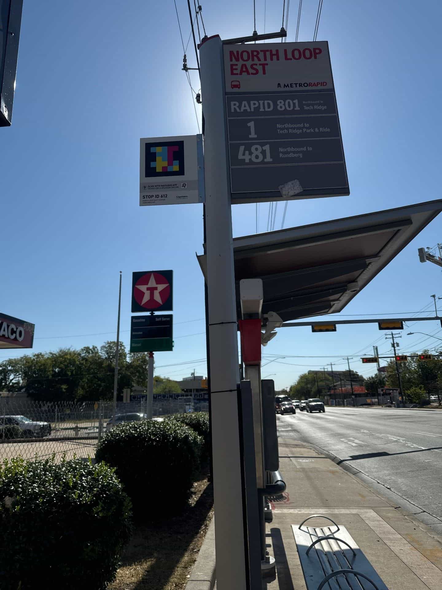 Pole at CapMetro Austin's North Loop East stop (Stop ID 612) with a NaviLens code next to Rapid 801, 1 and 481 routes