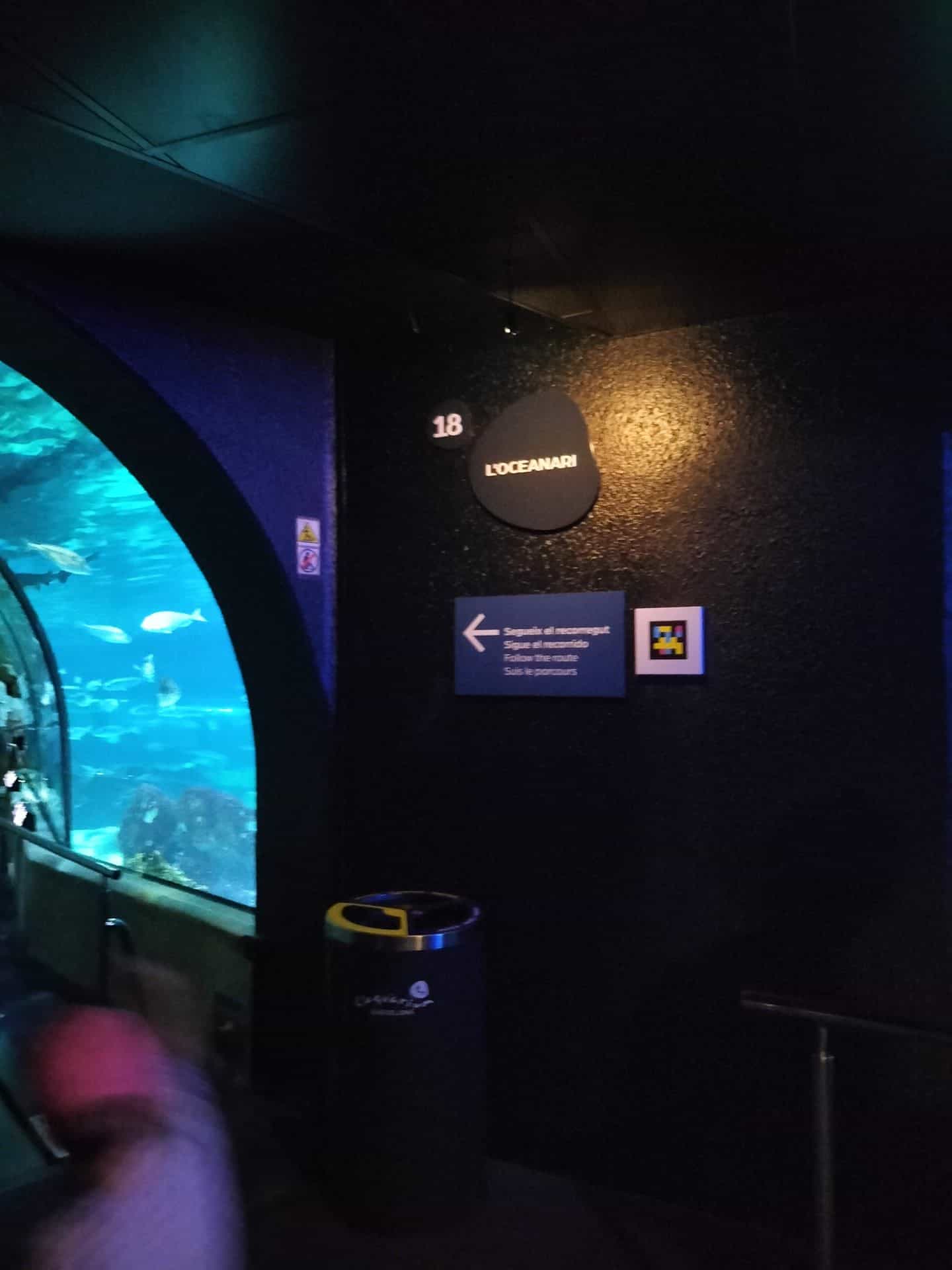 Schild «L'Oceanari · Station 18» im Tunnel des Aquariums mit NaviLens-Code und Wegpfeil