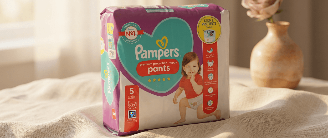 Pack Pampers Premium Protection Nappy Pants Größe 5 mit NaviLens-Code.