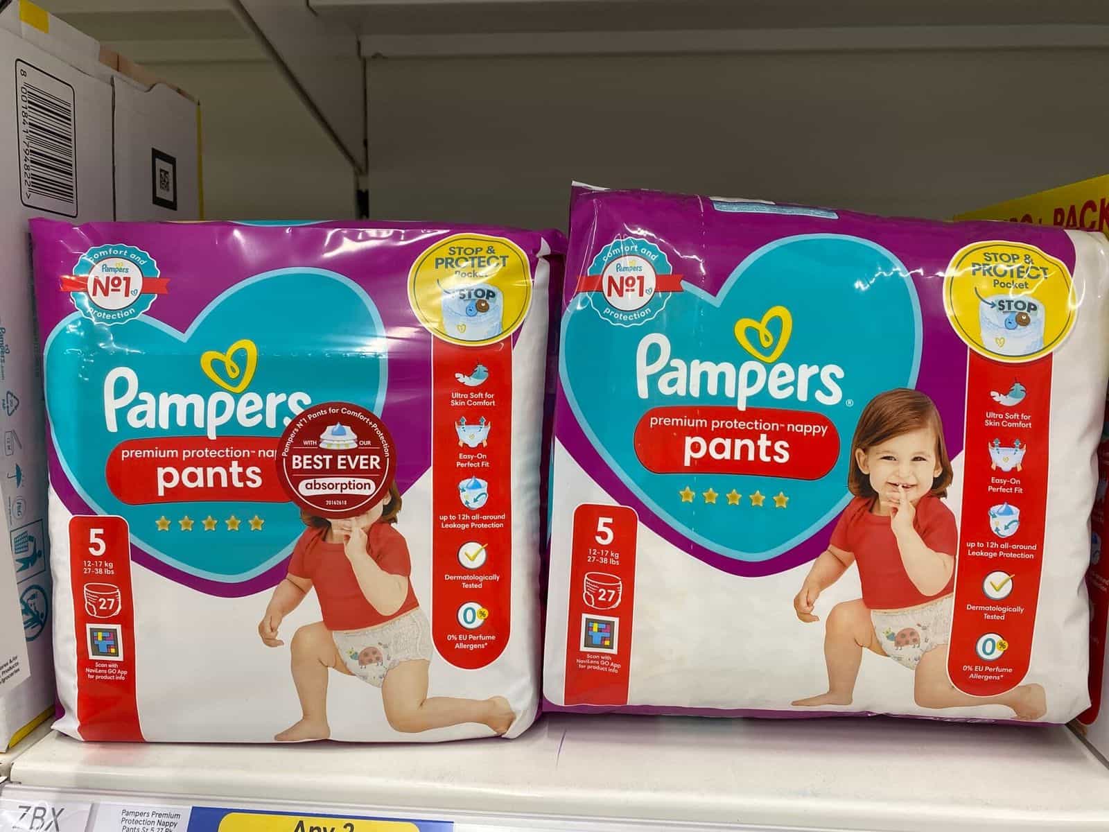 Pampers Baby-Dry Pants size 5 pack with a NaviLens GO code integrated into the front of the pack.