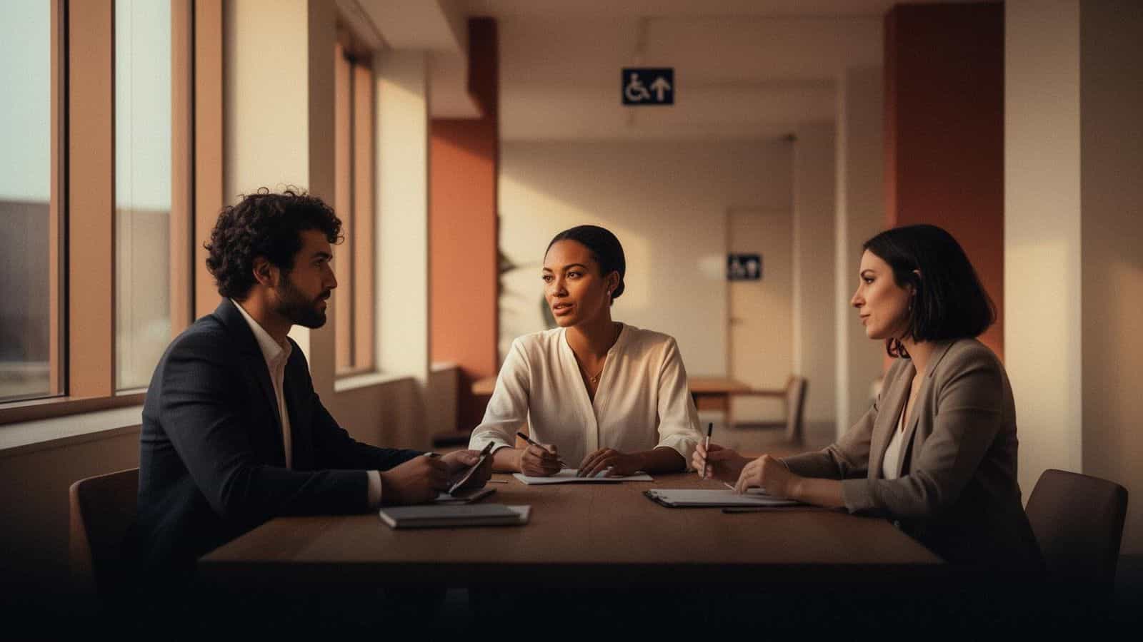 Drei Fachleute arbeiten an einem Tisch neben barrierefreier Beschilderung zusammen: das NaviLens-Partnernetzwerk